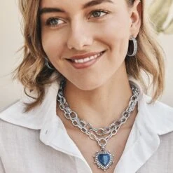 Pebble Dot Hati Lapis Heart Necklace -Fashion Accessories Store pebble dot hati lapis heart necklace silver blue 3